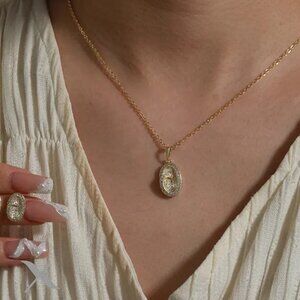 Copper 18K Gold Plated Plating Oval Jewelry Set Necklace and Earrings